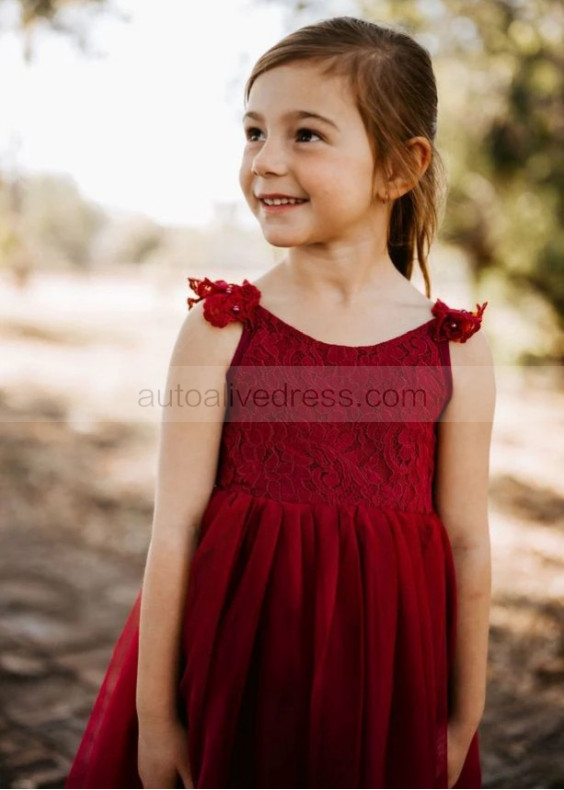 Cap Sleeves Burgundy Lace Tulle Flower Girl Dress